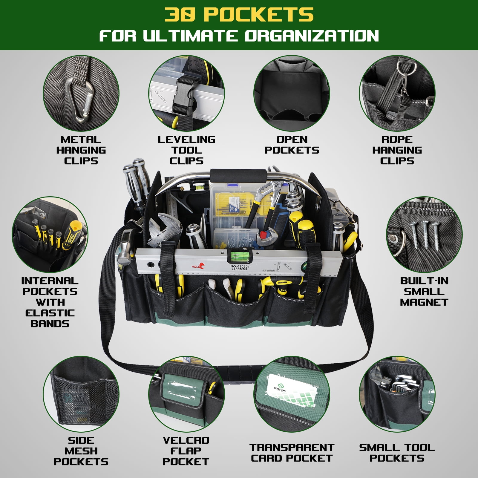 18" Heavy Duty Tool Bag, Open Top Tool Tote for Electricians, 30 Pockets, 1680D Oxford Fabric, Foldable with Rotating Handle, Reflective Tool Bag, Green