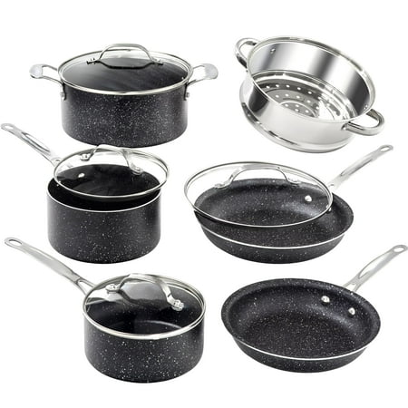 

LUNJUNH Pots and Pans Set 10 Piece Nonstick Cookware Set Includes Steamer Scratch Resistant Granite Coated Dishwasher and Oven-Safe PFOA-Free Black