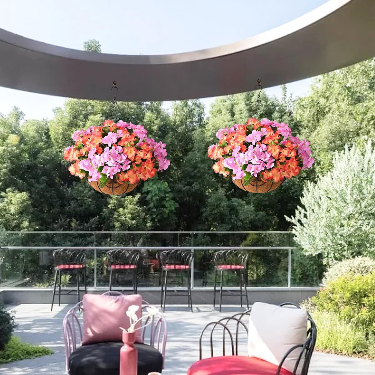 Artificial Flowers Hanging Basket for Outdoor Indoor Decor,Faux Silk Flower Arrangement,10 Branches Geranium with 12 Inch Coconut Lining Chain for Patio Decoration(Purple Orange)