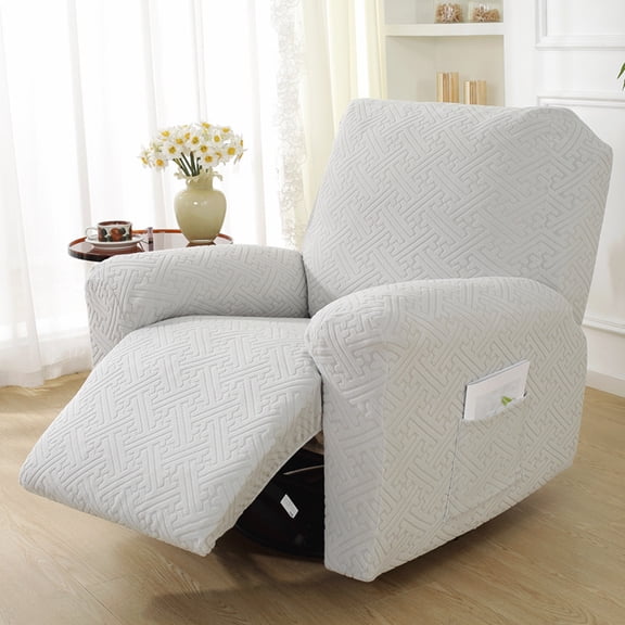 Stretch Jacquard Recliner Chair Cover With Side Pockets Elastic Bottom Washable Soft Furniture Protector Anti-Slip Full Wrap Reclining Sofa Slipcover For Home Living Room