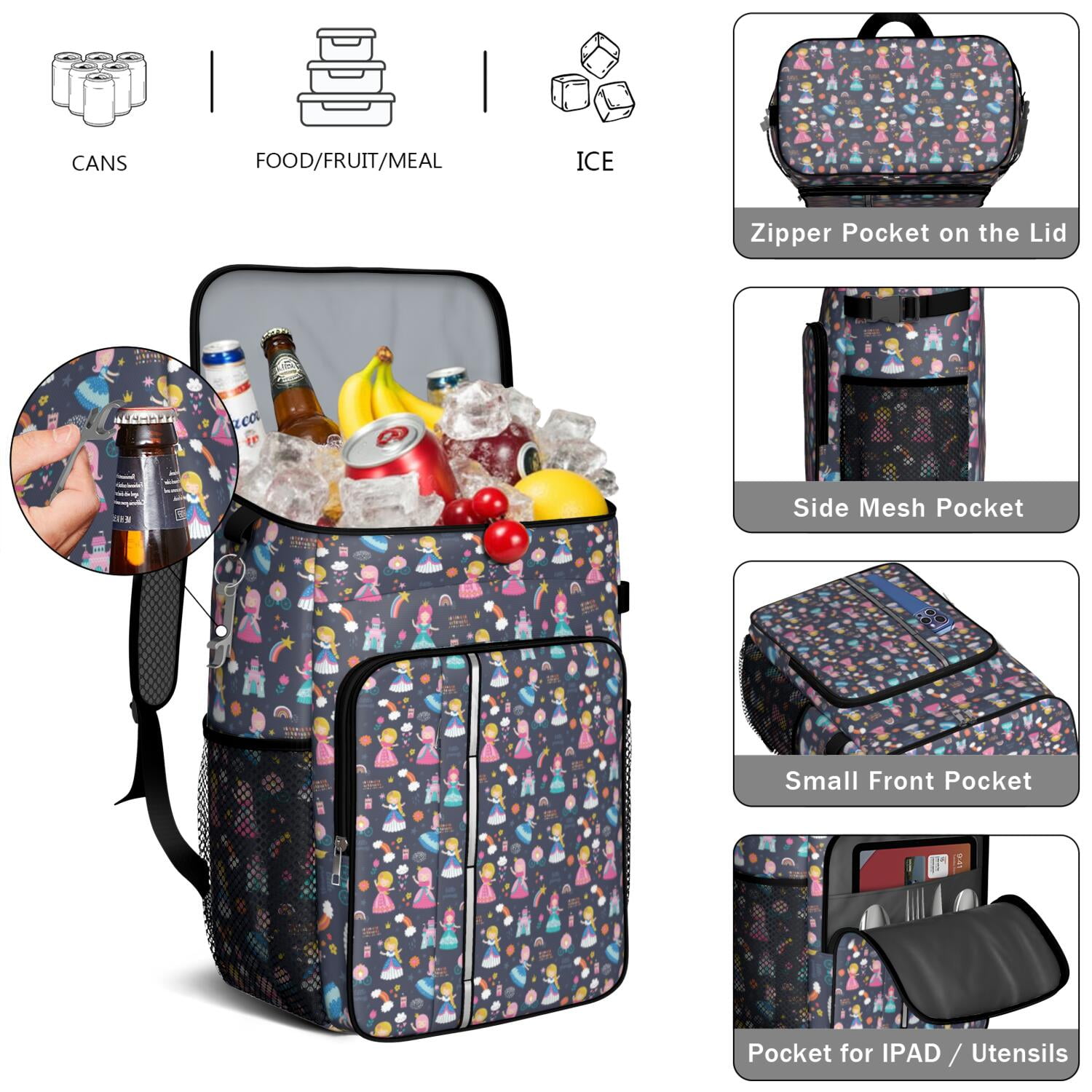 Travel Cooler Bag - Dark Blue Little Princess Pattern Camping Beer Cooler Backpack with Bottle Opener- Waterproof Insulated Picnic Backpacks - Cooler Bag for Beach