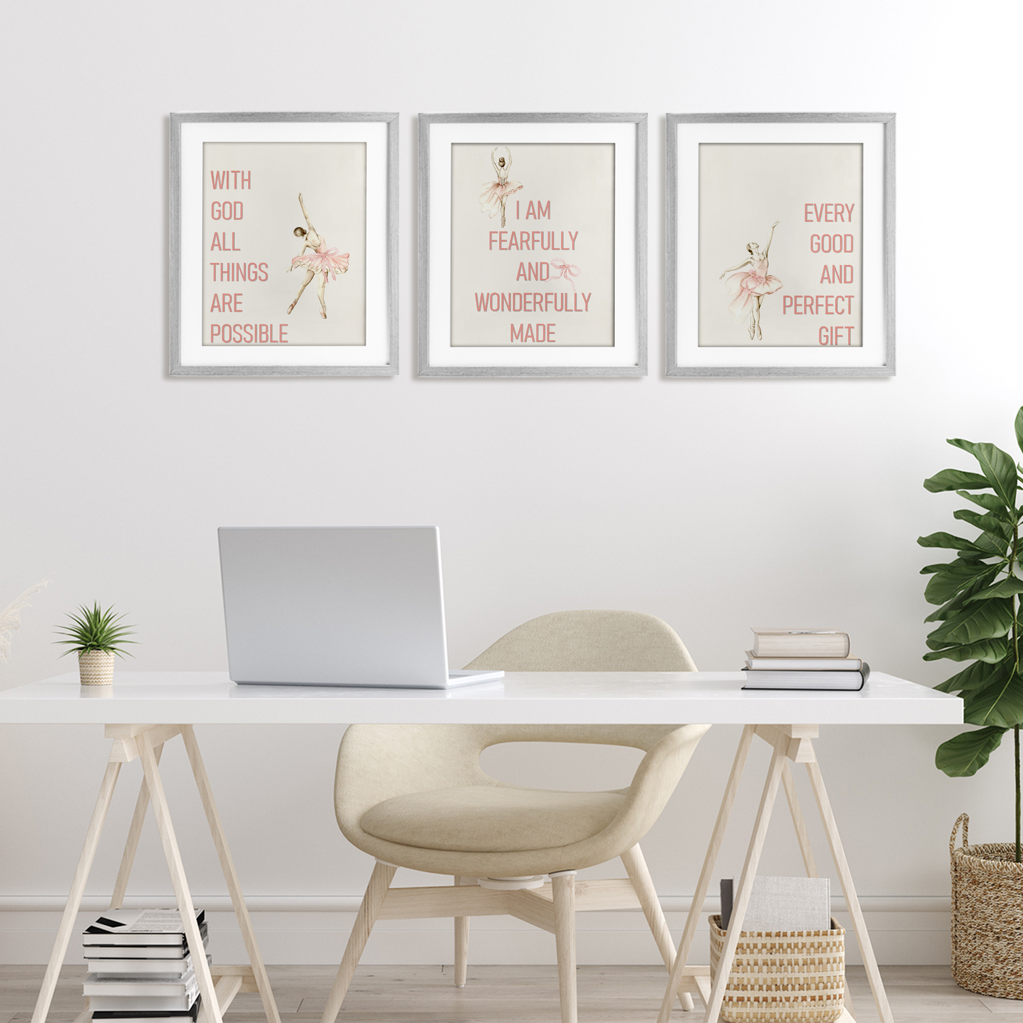 Faith Sentiments with Ballerinas 3 Piece Gray Framed Print Under Glass Set, design by Kim Allen