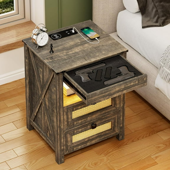 Rustic Nightstand with Gun Drawer, End Table with Charging Station, LED Bedside Table with Human Sensor Light, Rattan Night Stand for Bedroom, Brown