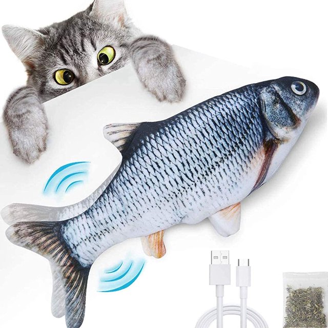 ouet Juguetes para gatos, simulación realista, juguetes electrónicos para peces, juguete para gatos en movimiento, juguete para gatitos recargable por USB con 2 hierba gatera, juguete interactivo par
