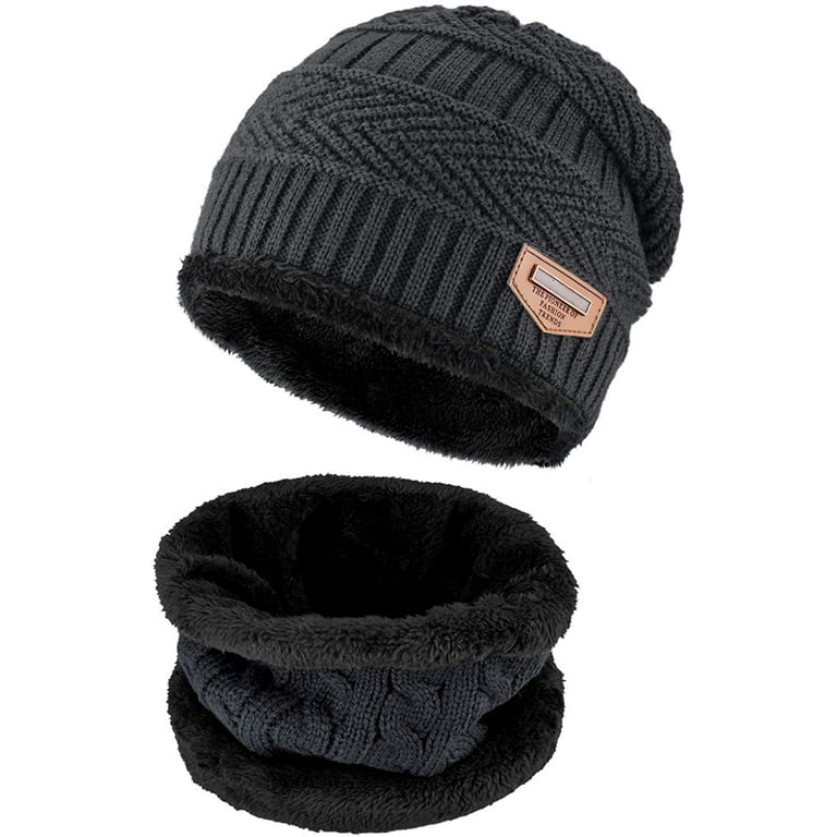 GRNSHTS 2 PCS Winter Beanie Hat Scarf Set Warm Knit Hat Thick Fleece Lined  Winter Hat & Scarf for Men Women Skull Cap (Blue)