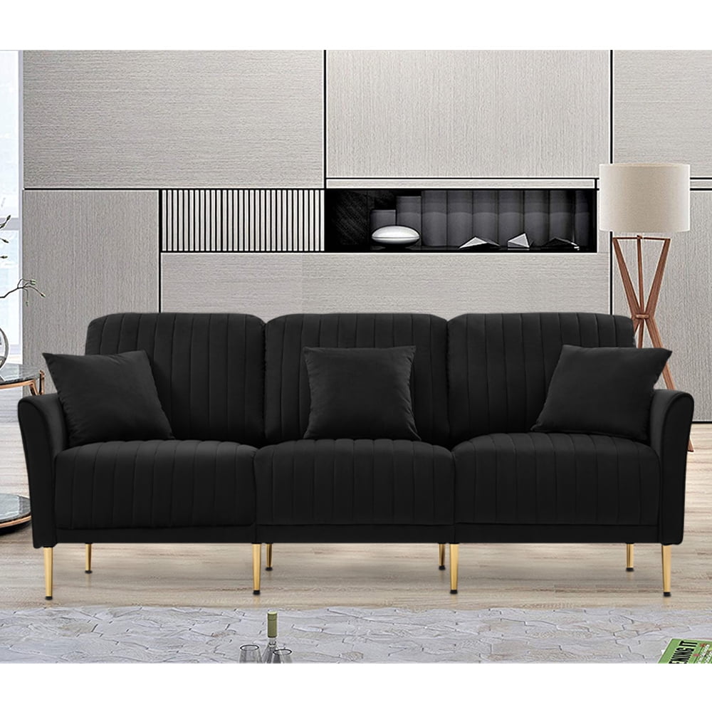 Black Velvet Sofa, 82"L 3Seater Sofa Couch, Velvet Upholstered Sofa