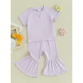 thumbnail image 4 of Musuos Toddler Girl Summer Outfits 1-5T Short Sleeve Ribbed Knit Tops T-Shirts Solid Color Elastic Waist Flare Pants 2Pcs Clothes Set, 4 of 10