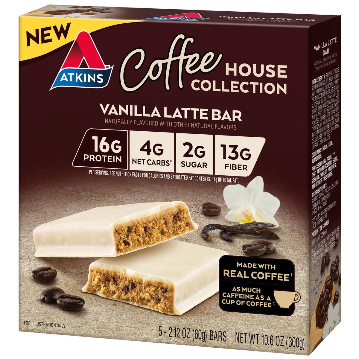 (3 pack) Atkins Protein-Rich Meal Bar, Coffee House Vanilla Latte Bar, Keto Friendly, 5 Count