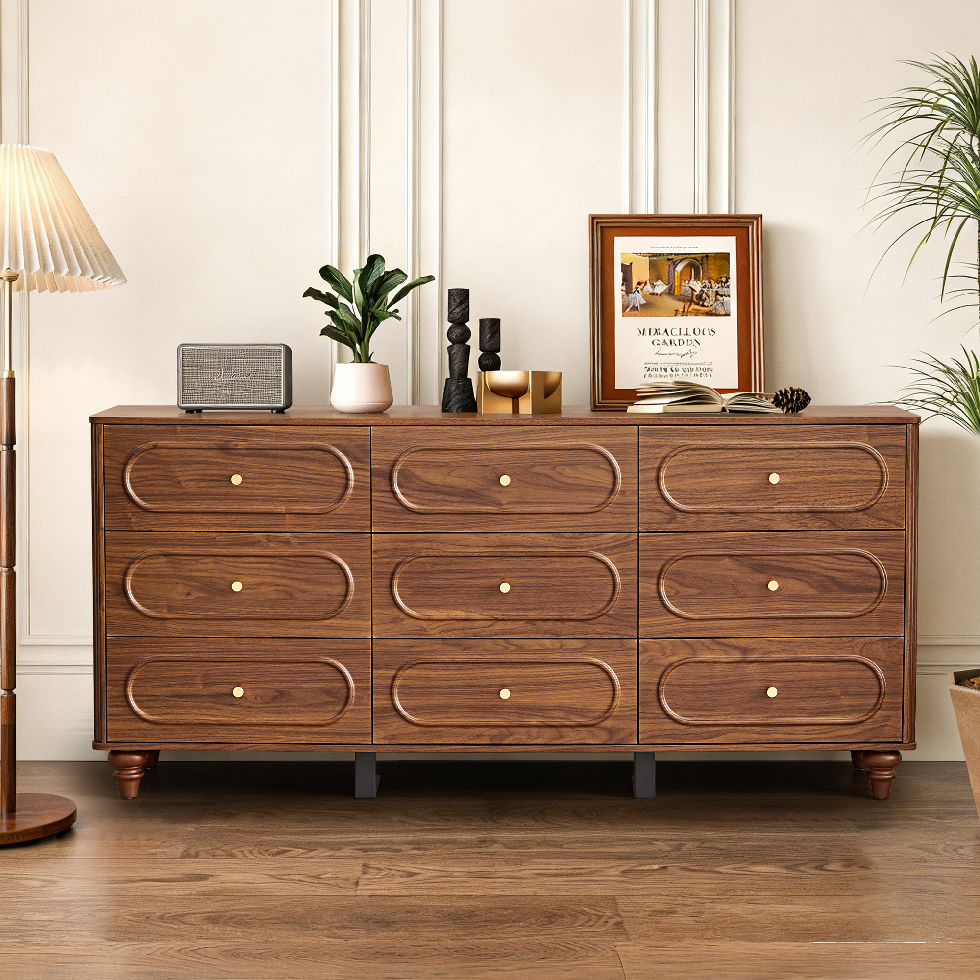 Weselon 9 Drawer Fluted Dresser for Bedroom, Mid Century Chest of Drawers with Arc Edge, Wood Storage Large Dresser Organizer for Bedroom Living Room Hallway Closet, brown