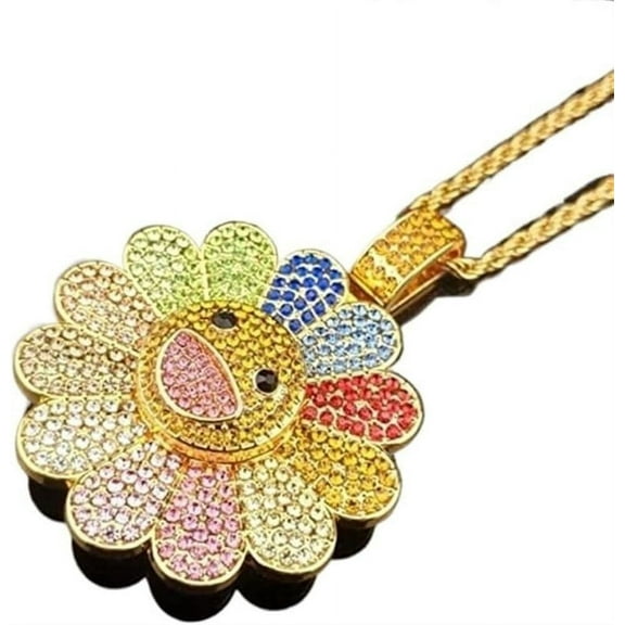 Sunflower Colorful Petal Smiley Face Necklace Takashi Murakami Inspirational Badge Brooch(Spinning,Gold Color)