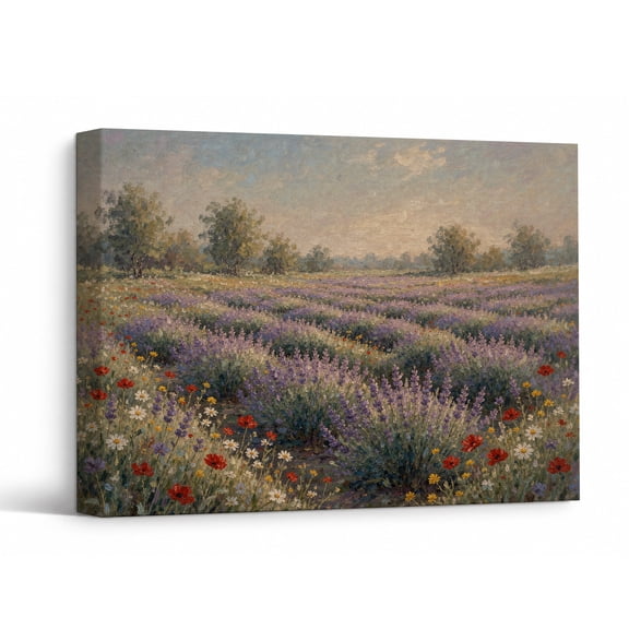 Floral Landscape Canvas Wall Art, Impressionist Lavender Field and Wildflower Painting, Nature Inspired Wall Decor for Living Room Bedroom Office 24"x18"