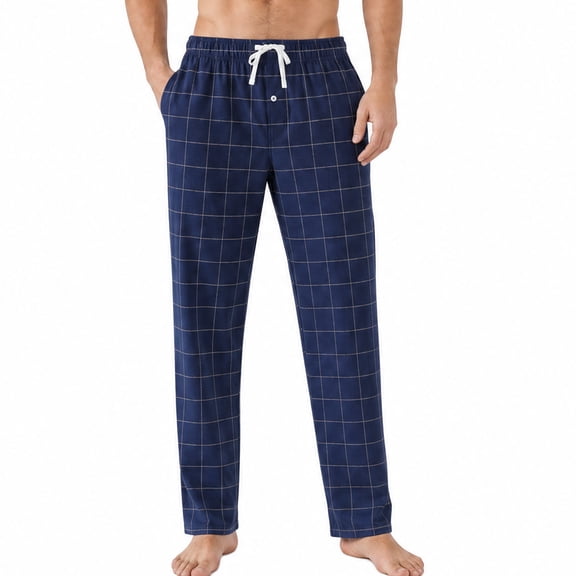 Vulcanodon Mens Plaid Sleep Pants, Cotton Pajama Pants with Pockets, Soft Lounge Pajama Bottoms for Men(Navy-plaid 01, Large)