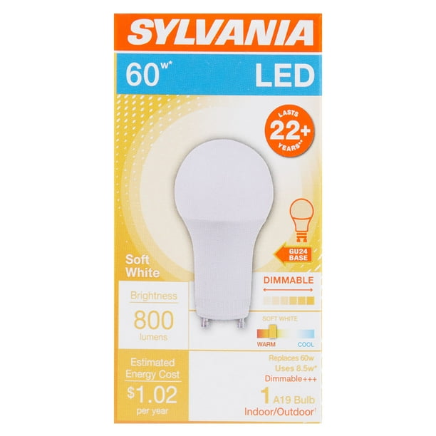 SYLVANIA LED A19 GU24 Base Light Bulb, 60 Watt, Dimmable, Soft White, 1