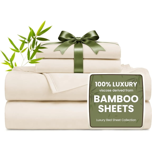 4 Piece Queen Sheet Set 100% Rayon from Bamboo Cooling Breathable Soft Silky Deep Pocket up to 16 Inch Beige