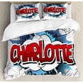 thumbnail image 1 of Charlotte King Size Duvet Cover Set, Female Name with French Origins in Retro Cartoon Design Explosion Effect and Dots, Decorative 3 Piece Bedding Set with 2 Pillow Shams, Multicolor, by Ambesonne, 1 of 3