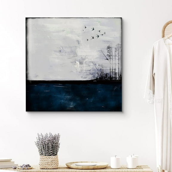 PixonSign Canvas Print Wall Art Bird Flock Fly Over Abstract Gray Forest Animals Wilderness Illustrations Modern Art Scenic Colorful Green Dark for Living Room, Bedroom, Office - 24x24 inches