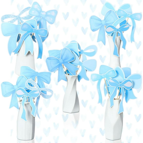NestE 30 Pcs Bow Party Decorations Coquette Bow Table Toppers Birthday Table Decor Coquette Party Centerpieces Sticks for Birthday Bachelorette Bridal Decor (Blue)