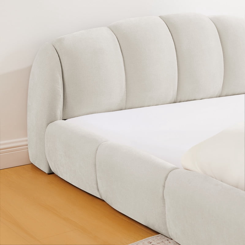Queen/King Size Upholstered Platform Bed Frame, No Box Spring Required Low Profile Floor Bed with Padded Headboard & Footboard