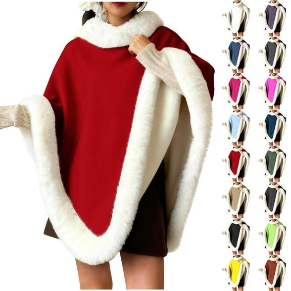 Felirenzacia Women's Christmas Thick Faux Fur Collar Hem Fleeced Winter Warm Shawl, Wearable Blanket for Adult Women