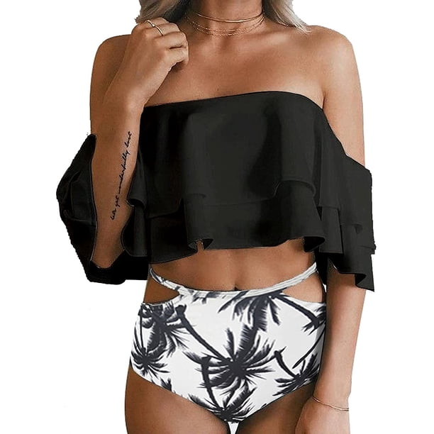 Traje de baño de dos piezas para mujer Bikini de talle alto con hombros descubiertos Trajes de baño con volantes Ormromra HMHZ321-5