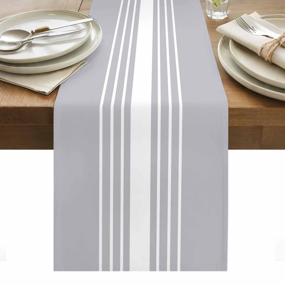 Light Grey Striped Table Runner - 72 Inch Long, Kitchen Dining Table Runner Dresser Scarves, White Simple Neutral Modern Farmhouse Decor for Coffee Tables Wedding Party Banquet