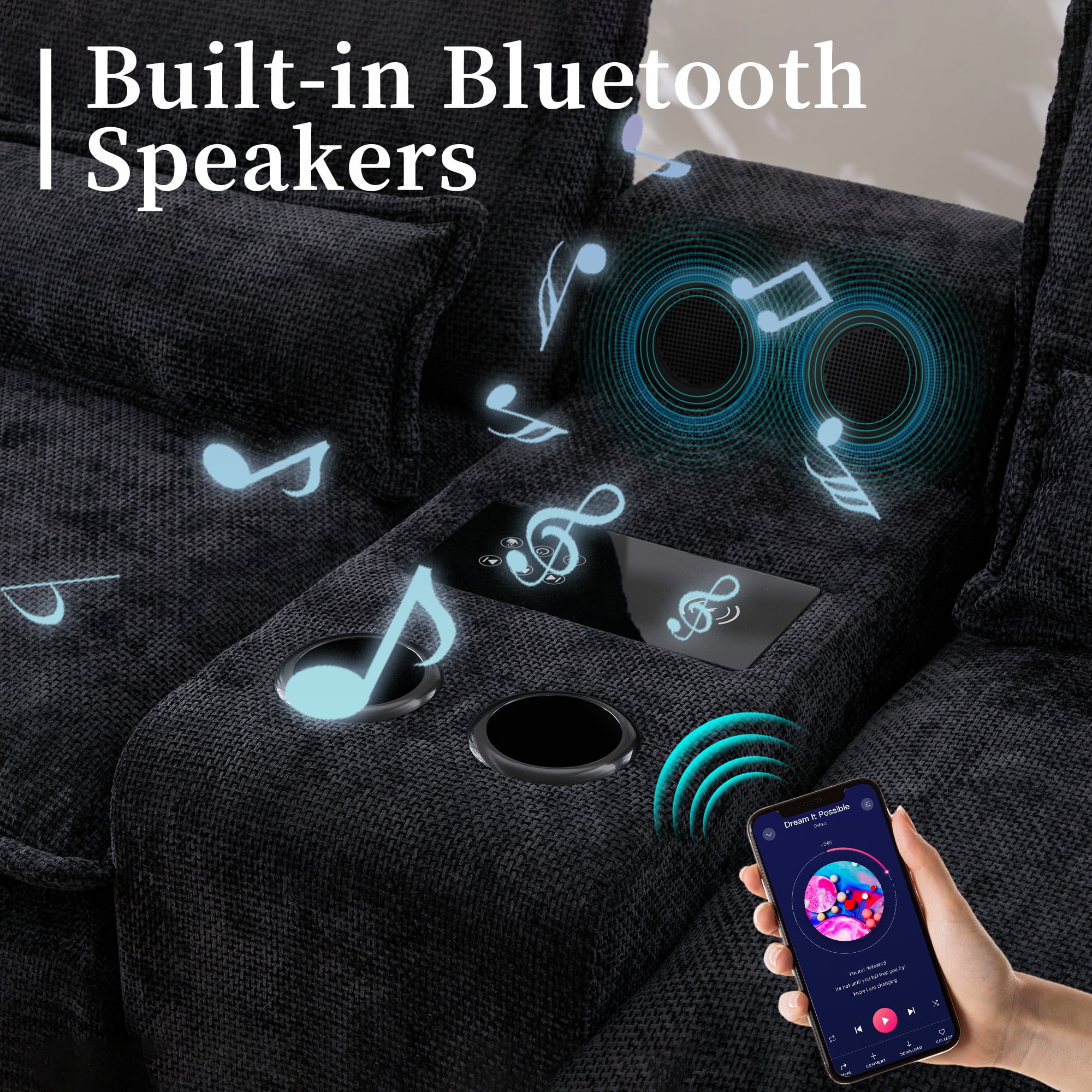 Villeston 126.77" U-Shaped Cloud Sofa With Chaise Lounge, Chenille Sofa With Wireless Charging, Bluetooth Speaker, Two Cup Holders, Storage Drawer, Suitable For Living Room,Black