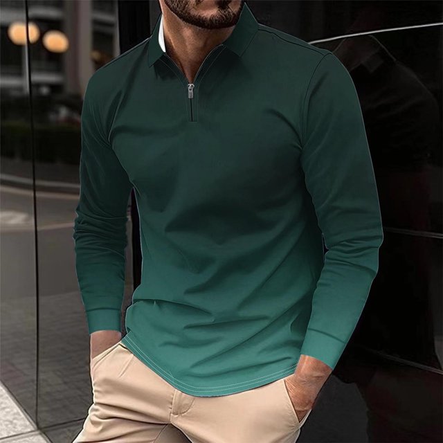 Blusa y camisa de manga larga con cuello vuelto para hombre, informal, con cuello vuelto, estampado, para fitness, deportiva, de manga larga, de poliéster