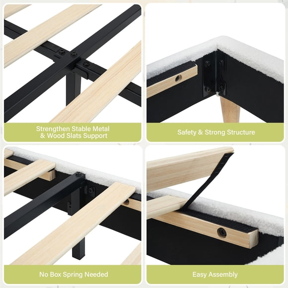 Elegant Upholstered Platform Bed Frame for Kids Girls – Boucle Soft Headboard, Plain Wood Slats, No Box Spring Needed, Easy Assembly – Cream White style, TWIN