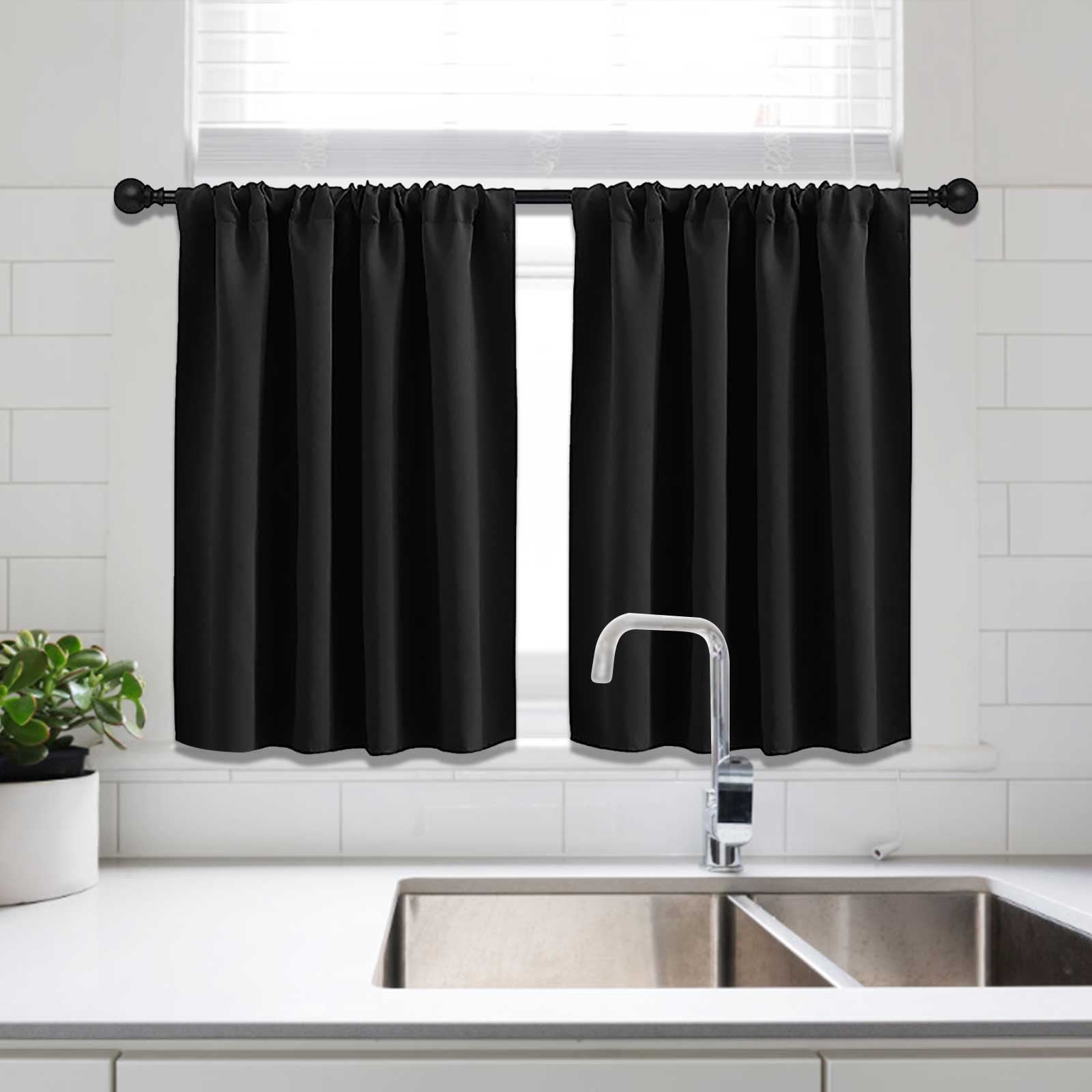 Short Blackout Curtains for Kitchen, Thermal Insulated Out Curtain for Bedroom, Rod Pocket Drapes for Bathroom Small Window, Black