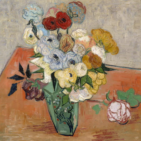 Vase with Roses and Anemones, 1890 Post-Impressionist Flower Still Life Painting Print Wall Art By Vincent van