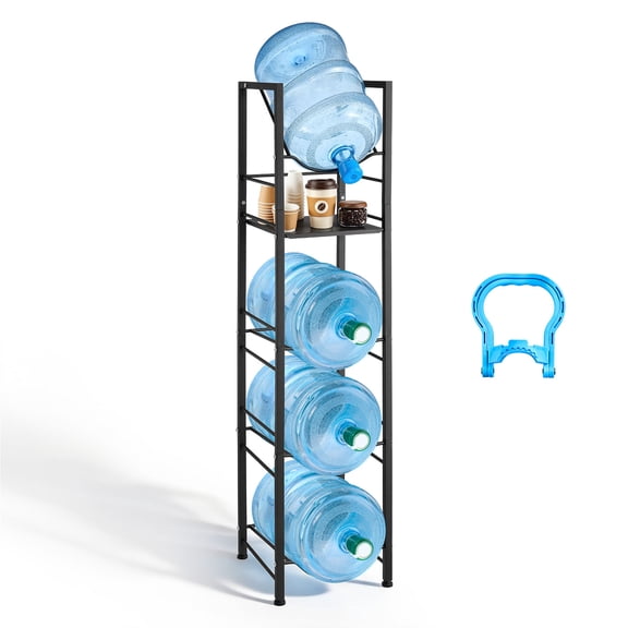 VEVOR Water Jug Holder, 5 Tiers 3 and 5 Gallon Water Bottle Holder for 4 Bottles, Heavy Duty Jug Rack Organizer with Storage Shelf, Adjustable Feet, and Handle, for Kitchen, Office, Living Room,Black