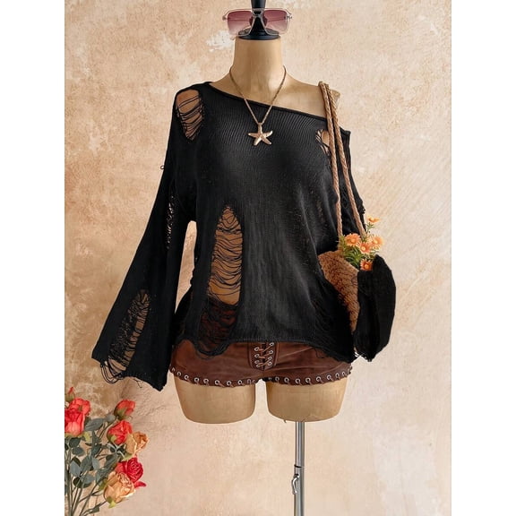 Women Off Shoulder Distressed Long Sleeve Top Hollow Fringe Casual Night Out Outfit