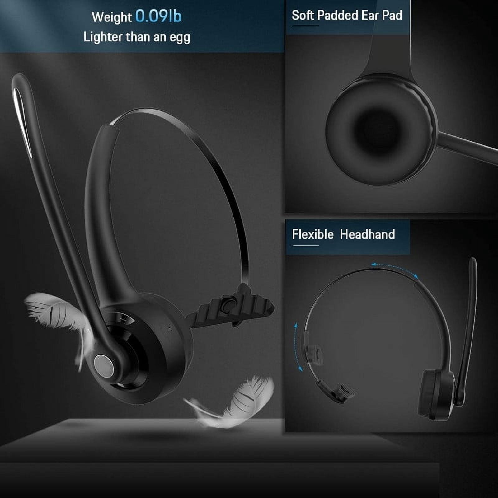 Wireless Bluetooth Headphones, Pro Trucker Headset, Over Head Earpiece, On Ear Car Headphones with Microphone for Truck Driver, Phones, Skype, Call Center, Office