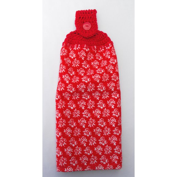SPRING FLORAL - RED FLORAL - HANDMADE DOUBLE/FULL TOWEL CROCHET TOP HANGING KITCHEN TOWEL