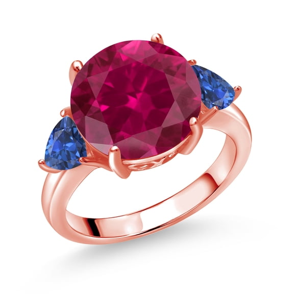 Gem Stone King 18K Rose Gold Plated Silver Red Created Ruby and Blue Created Sapphire 3-Stone Ring for Women (8.08 Cttw, Round 12MM, Trillion 5MM, Size 5)