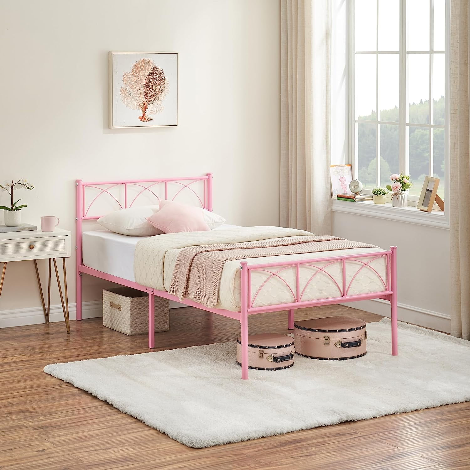Shininglove Girls Pink Twin Bed Frame with Headboard and Footboard