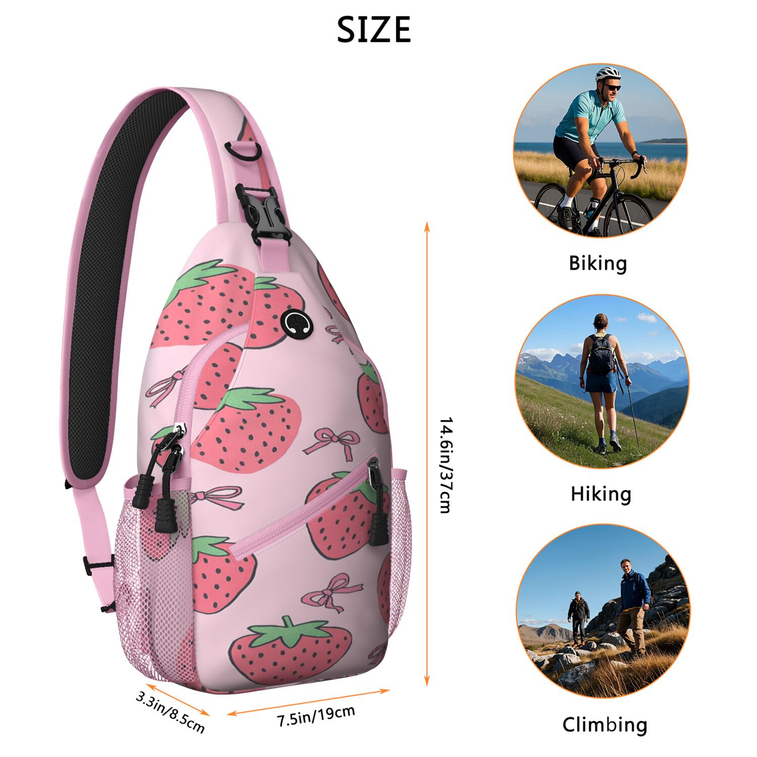 Chest Bag Crossbody Shoulder Bag Adjustable Shoulder StrapTravel Sling Bag for Hiking Dating Gym Cycling Working Strawberry Bow