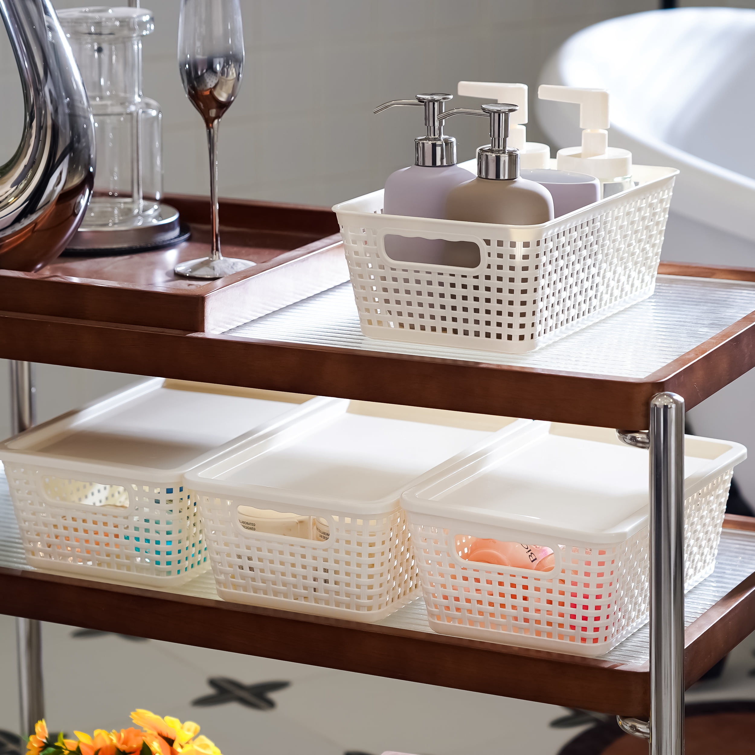Small Plastic Storage Basket with Lid Handle 7x10.9x4 in Cream White 6 Pack
