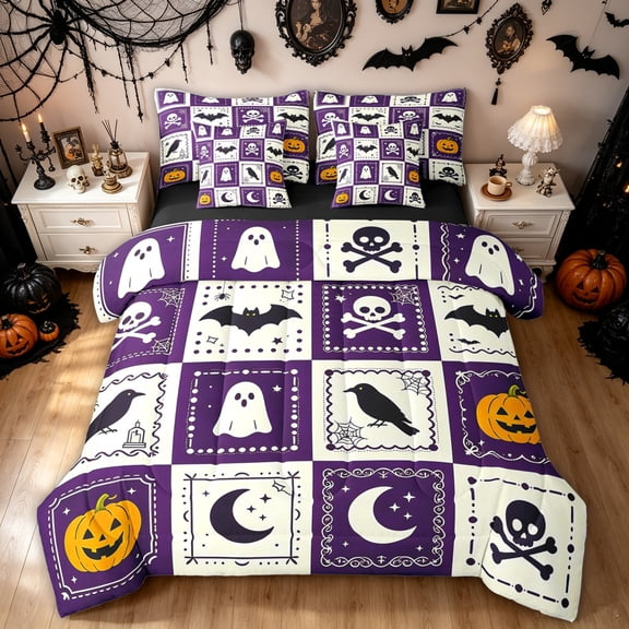 Feelyou Cute Ghost Skull Twin Bedding, Halloween Crow Pumpkin Bedding Comforter Set, Purple Cream, Black Reversible, 7pcs