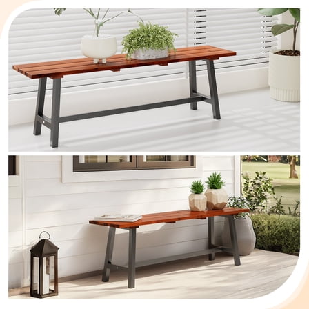 XgoodX Outdoor 63in Wood Garden Bench Metal Leg Park Patio Dining Entryway Bench
