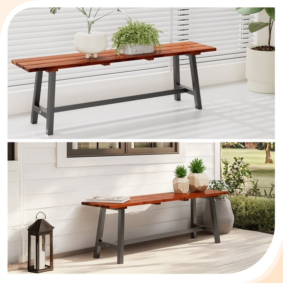 XgoodX Outdoor 63in Wood Garden Bench Metal Leg Park Patio Dining Entryway Bench