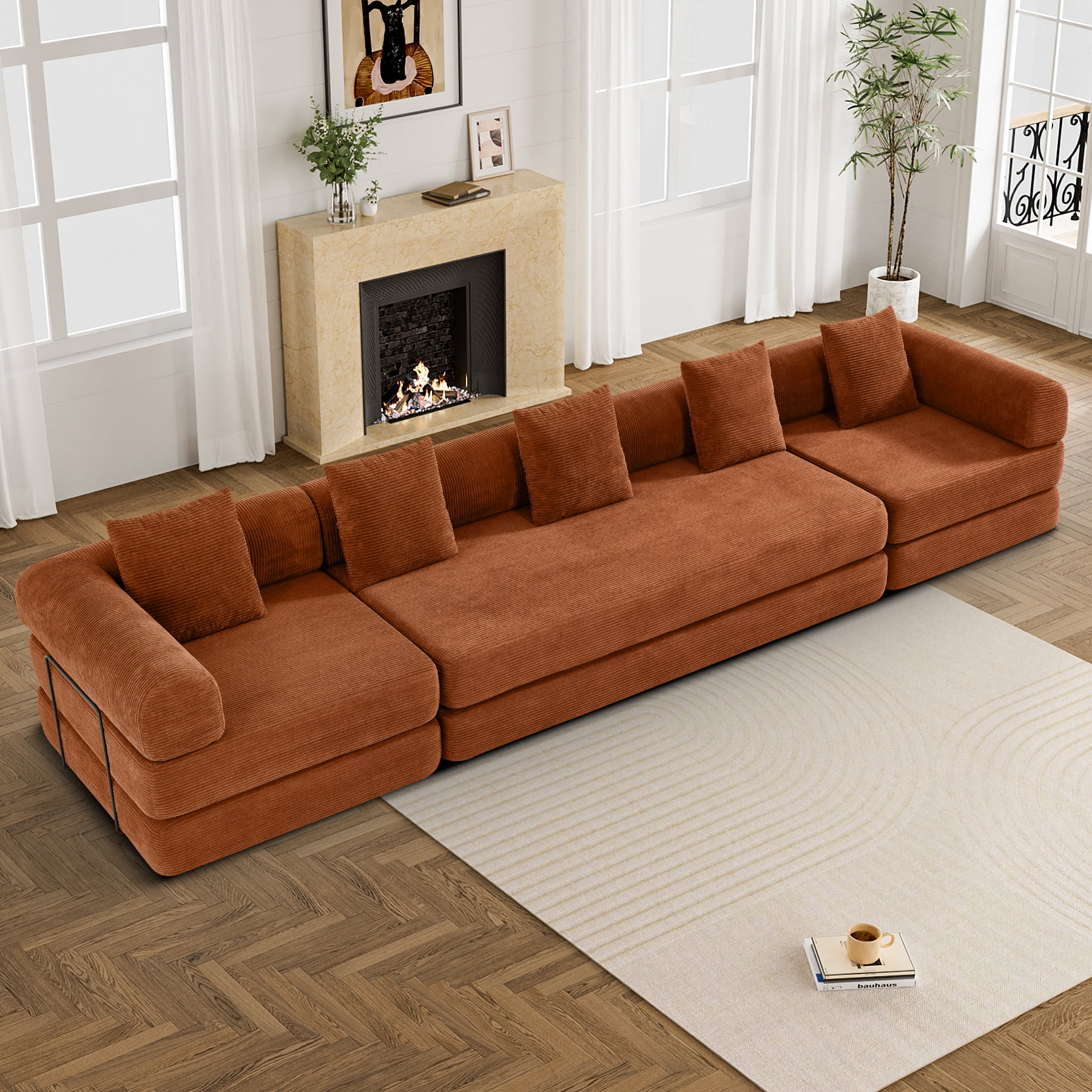 157" Convertible Sleeper Sofa Bed,Corduroy Futon Sofa Couch with High-Density Foam,Deep Seat Sofa for Living Room, Bedroom,Orange