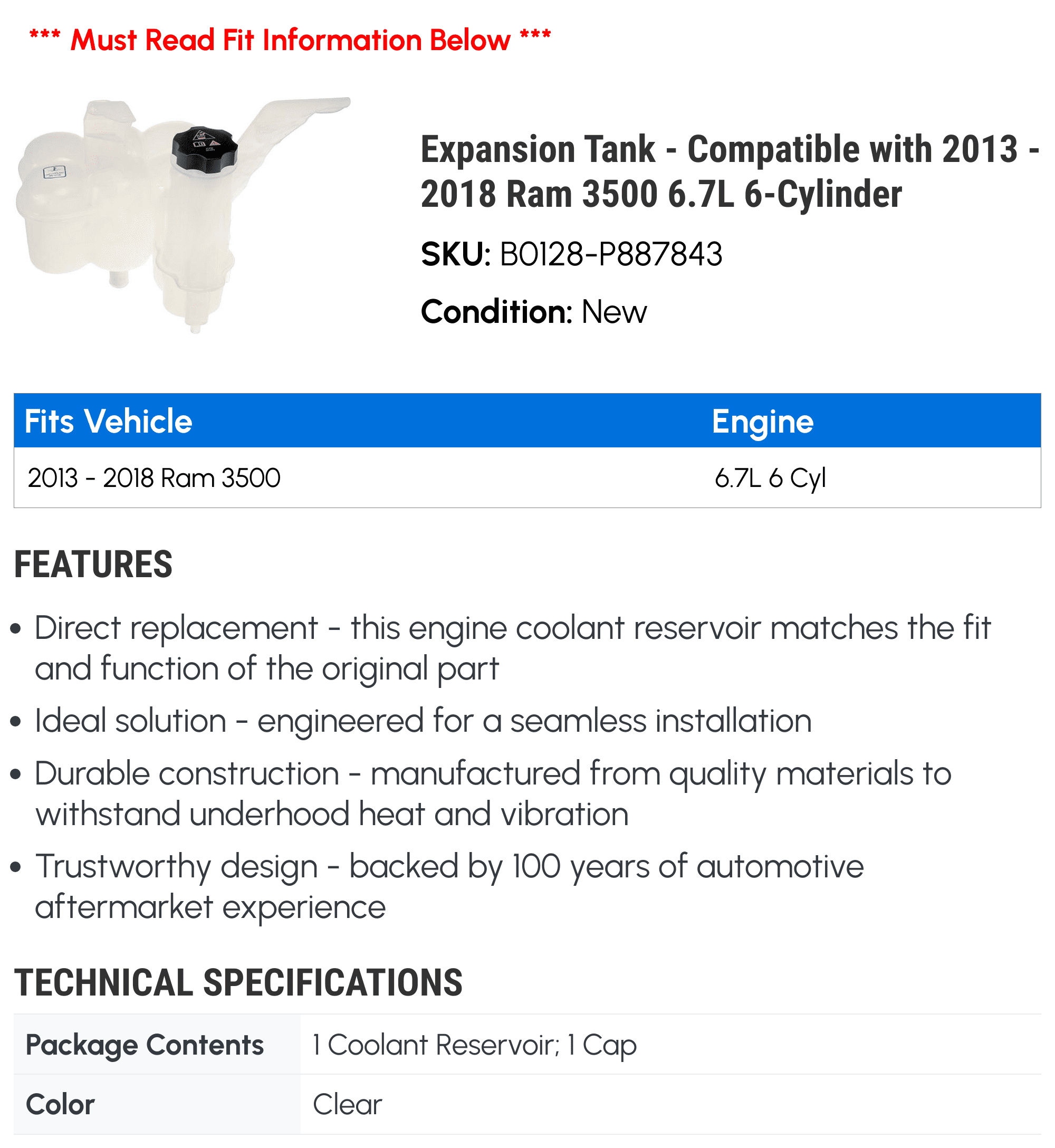 Expansion Tank - Compatible with 2013 - 2018 Ram 3500 6.7L 6-Cylinder - Dorman