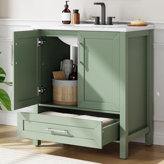 30" Bathroom Vanity with Sink, Vintage Bathroom Cabinet Vanity with Doors & Drawers, Farmhouse Wooden Freestanding Bathroom Cabinet with Top
