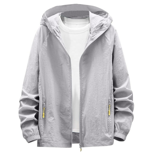 UANWENN Male Spring And Summer Sunscreen Ice Silk Thin Long Sleeved Zipper Hooded Solid Color Jacket Stockade Jacket Light Weight Raincoat Wool Overcoat Young Men's Winter Jackets Mens Water Proof