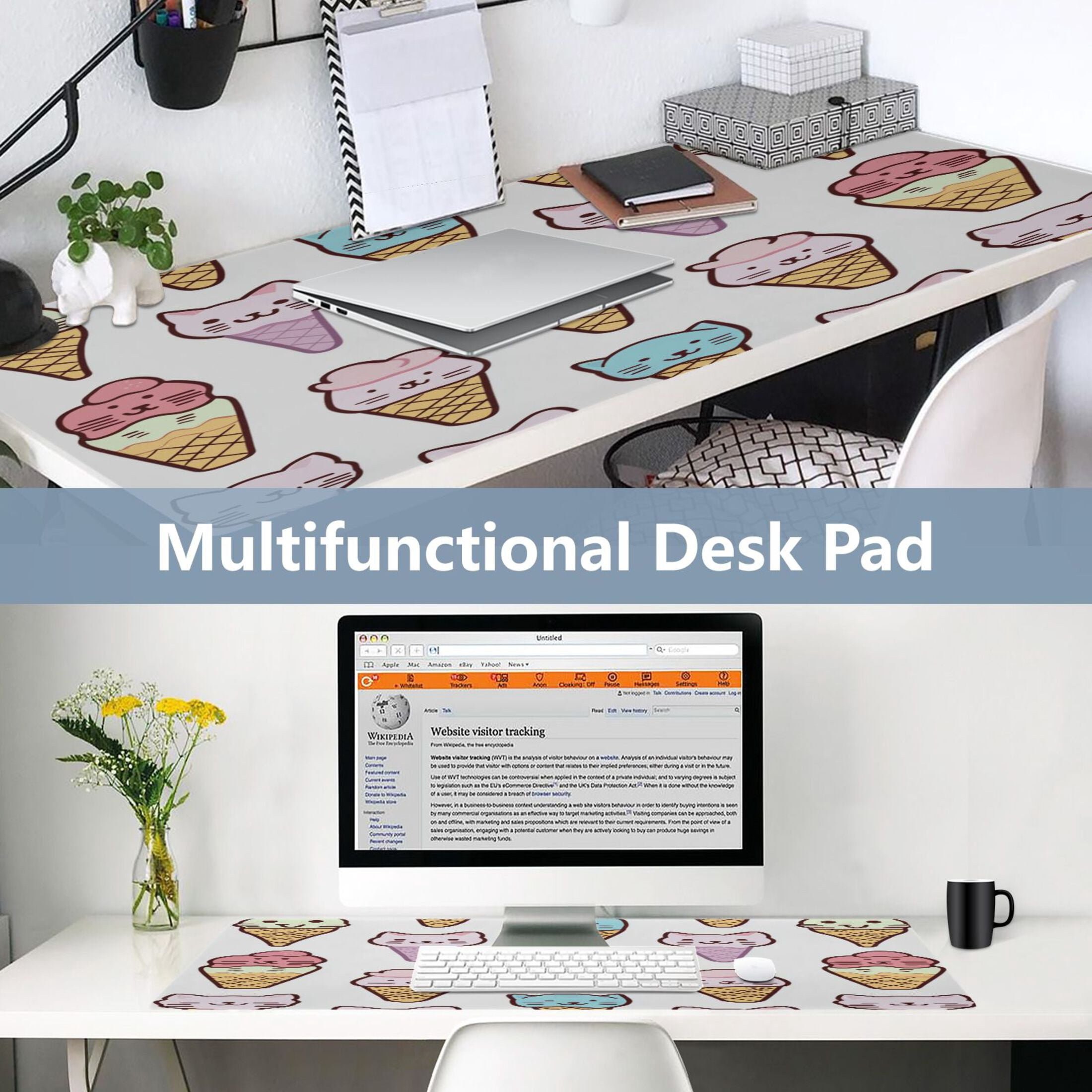Leather Keyboard and Mouse Desk Mat Office Desk Accessories Protective Office Desk Decor Desk Pad Mat for Gaming, Work from Home, Office Cat Face Ice Cream 16.5" x 35.4"