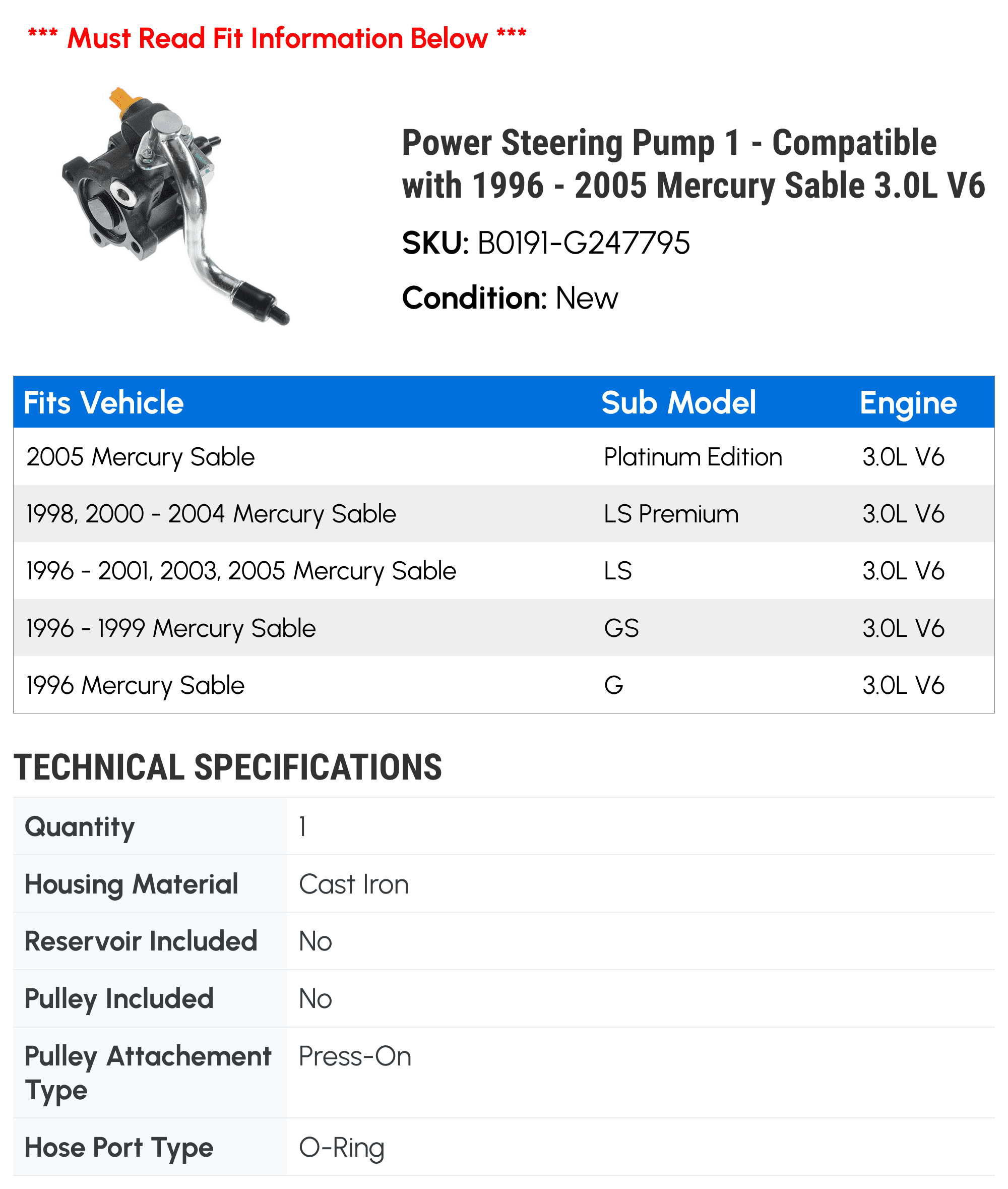 Power Steering Pump 1 - Compatible with 1996 - 2005 Mercury Sable 3.0L V6 - Autopart Premium