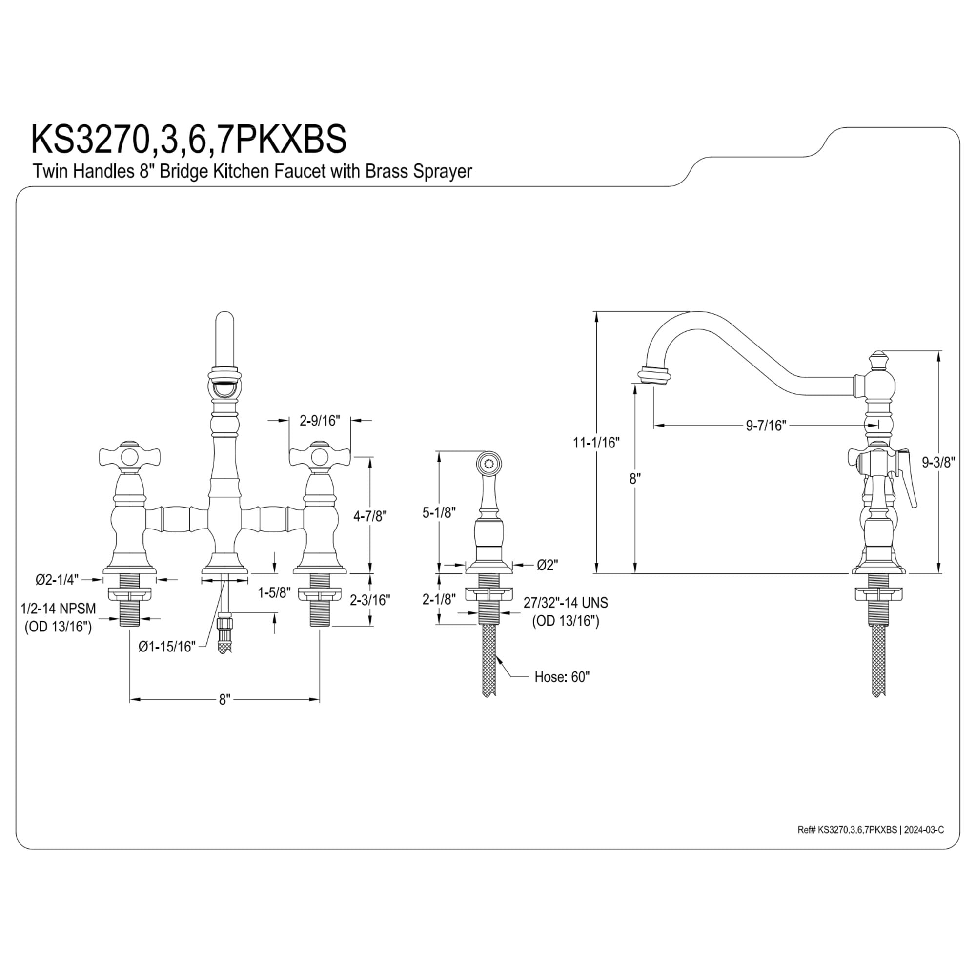 Kingston Brass KS3270PKXBS Duchess Bridge Kitchen Faucet with Brass Side Sprayer, Matte Black