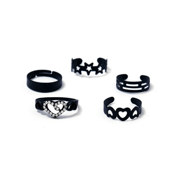 SHOWERORO 5Pcs Rings Set in Black Alloy with Heart-Shaped Design for Parties
