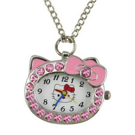 Hello Kitty Style Design Necklace Watch with Silver Anti-Tarnish Chain, HKNW01